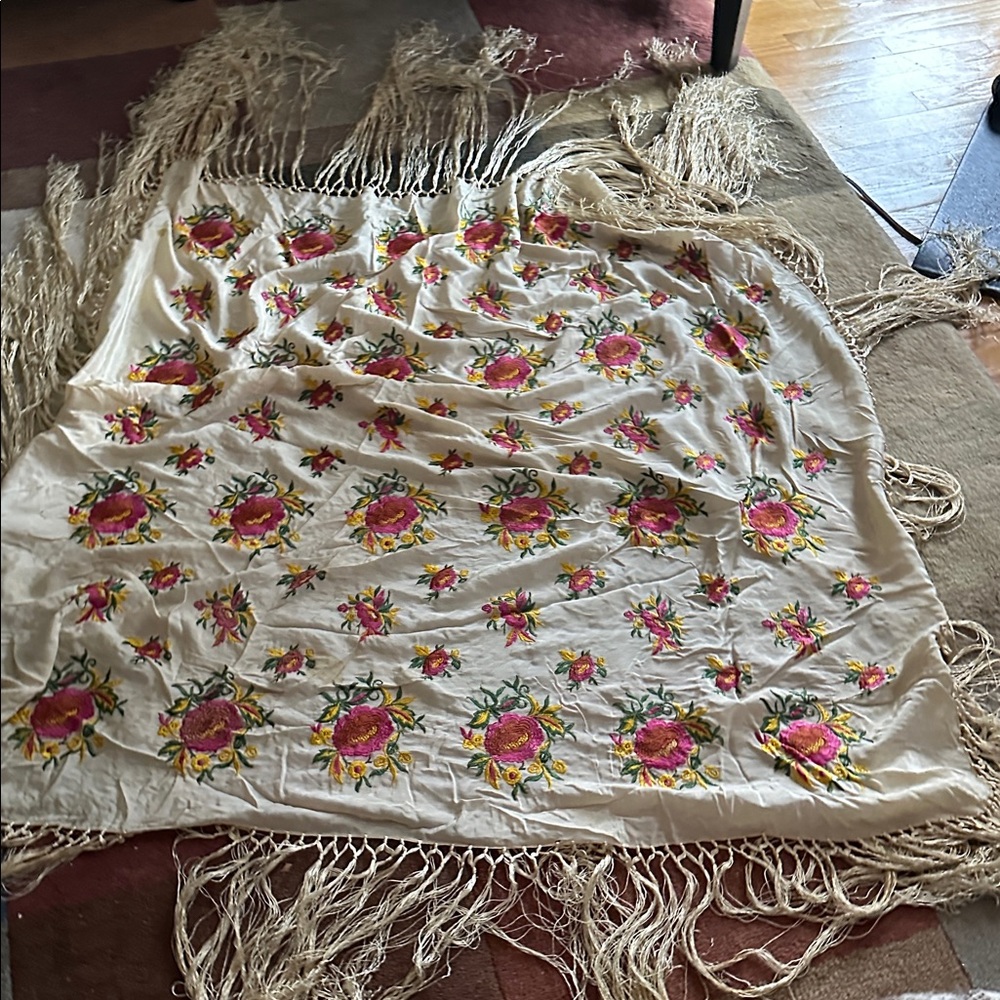 Antique 1920s Lg 50x50Embroidered Silk Piano Shawl Pink Flowers and Fringe As Is
